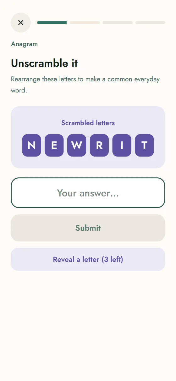 Anagram, one of the language games: six scrambled letters to rearrange into an everyday word.